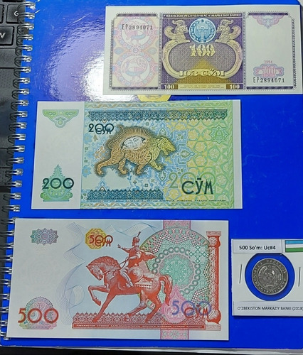 Lote#27 Asia: 3 Billetes + Moneda De Uzbequistán Unc