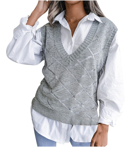 G Sweater Chaleco De Punto De Diamante Hueco Con Cuello En V