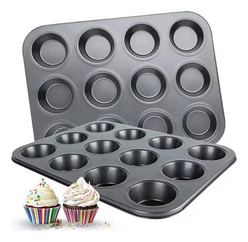 Molde 12 Muffins Cupcakes Placa Teflón Cocina Vc Color Negro
