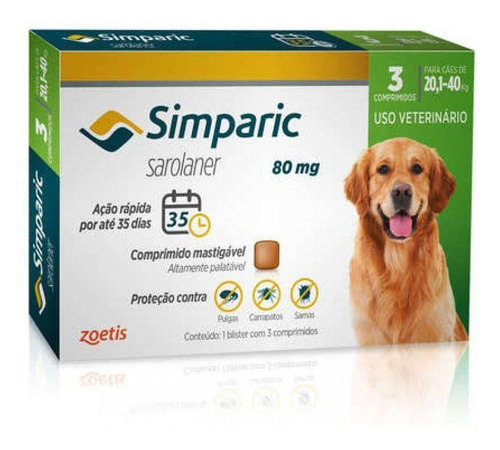 Simparic 80 Mg Cães 20,1 A 40 Kg 3 Comprimidos - Antipulgas