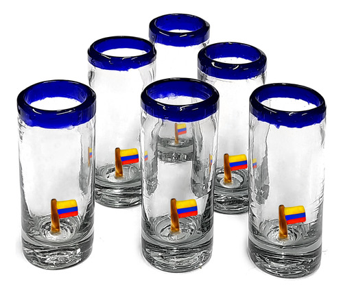 Set 6 Shot Tequilero Cilíndrico Borde Color Bandera Colombia