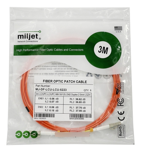 Cordão Óptico Lc Lc Duplex Mmf 3mts Om2 Lszh Miljet C/anatel