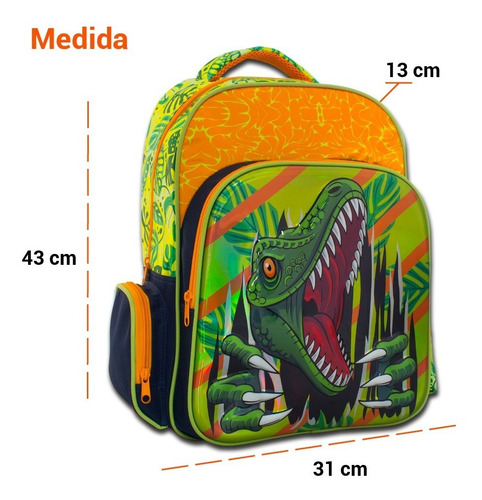 Imagen 3 de 6 de Mochila Escolar Infantil De Dinosaurio Resistente Tutti