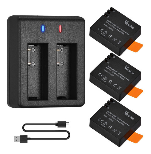 Kit De Cargador Con 3 Baterías 1350 Mah Para Cámaras De Acci