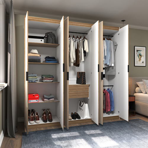 Guarda Roupa Roupeiro 200x180cm Casal 6 Portas Puxador Metálico Estilo Escandinavo Madeirado Com Portas Offwhite Mod: Corção