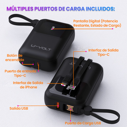 Power Bank Batería Portátil 10000mah Carga Rápida 22.5w Con 3 Cables Incorporados Tipo C Iph Usb Pantalla Digital U-volt Cargador Compatible Con iPhone Samsung Motorola Xiaomi Huawei Color Negro