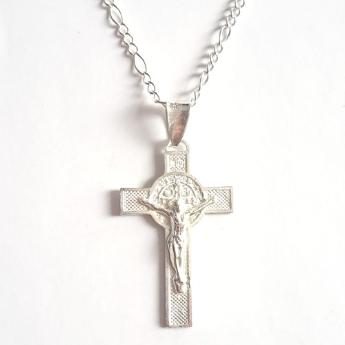 Dije Cruz De San Benito Cristo Jesús Con Cadena Plata 925 Gl