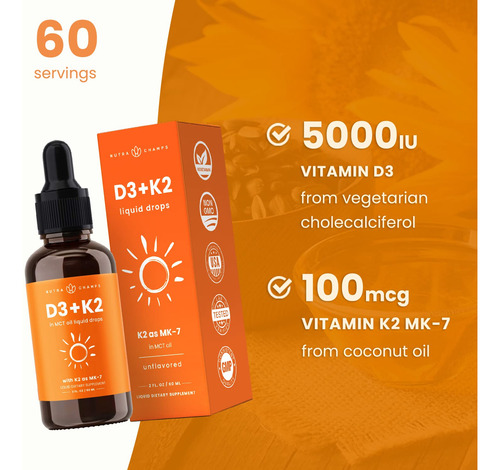 Nutrachamps Gotas Líquidas Vitamina D3 K2 5000 Ui 2 Oz