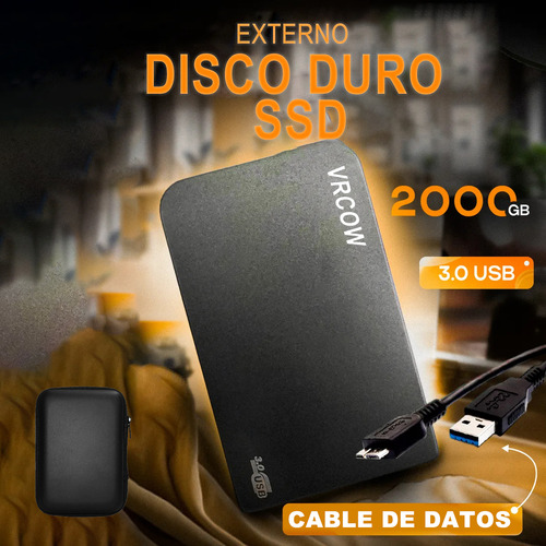 Externo Disco Duro Ssd 2tb Sólido Mini Portátil Vrcow 2000gb Usb3.0 Delgado Compatible Con Pc Portátil Y Mac Negro