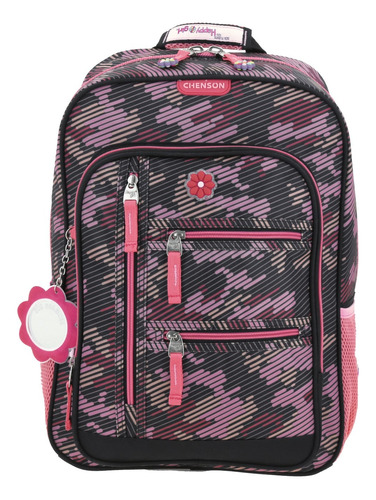 Mochila Happy Girl Con Flor Estampado Negro Rosa Rayada Primaria Hg65998 Chenson 