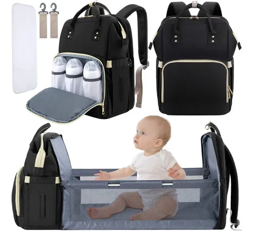 Pañalera Mochila Multifuncional Para Bebe Con Cama Plegable Color Negro