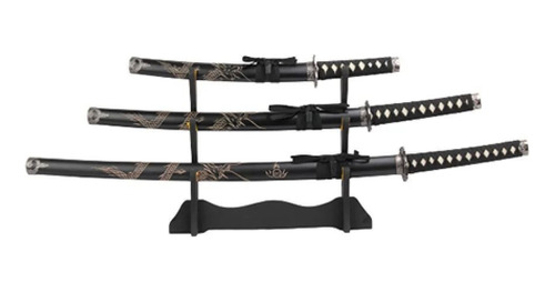 Kit Katana Samurai 3 Espadas C/ Suporte E Bainha De Couro