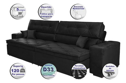 Sofá Austin 3,02m Retrátil, Reclinável com Molas no Assento e Almofadas, Suede Preto Cama inBox