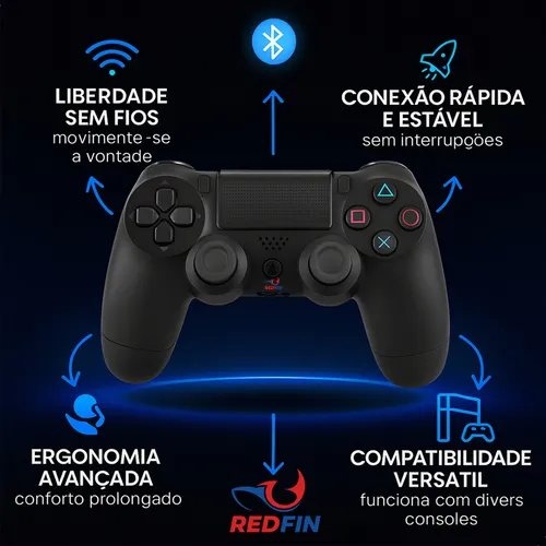 Controle Sem Fio Joystick Bluetooth Para Ps4 Videogame Tv Samsung Pc P4 Ps 4 Dual Shock Manete Pc Gamer Tv Smart Controle Bluetooth Sem Fio Celular Headset Com P2 - Marca Redfin Preto