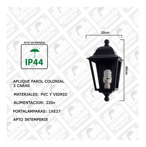 Imagen 2 de 6 de Aplique Farol Colonial Exterior 3 Caras Pvc Vidrio Apto Led