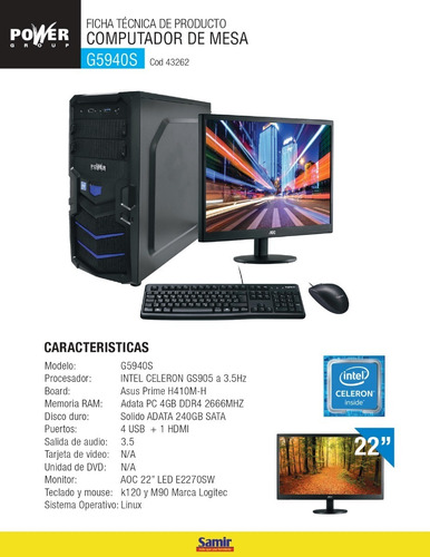 Computador De Mesa Power Group G5940gs Monitor Aoc 21.5`