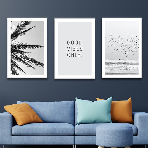 Cuadro Tríptico Decorativo Moderno 70x30cm Good Vibes P