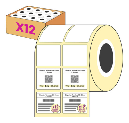 Etiquetas Térmicas 50mm X 25mm 2 Bandas Autoadhesivas Para Despacho Logística Envios - Pack X12 Rollos