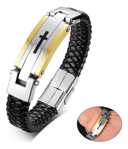 Pulseira Executiva Masculina Cruz Dourada Couro Luxo Ouro 18 Comprimento 21 Cm Cor Dourado Diâmetro 0 Cm