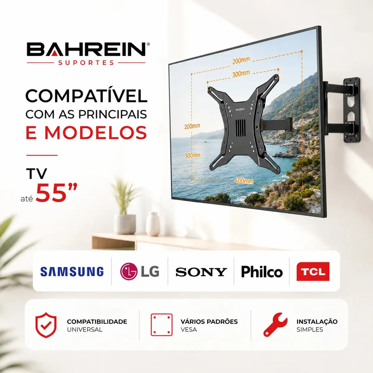 Suporte Articulado Bahrein para TV de 32" a 55" na Parede, com Inclinação e Giro 360° 4