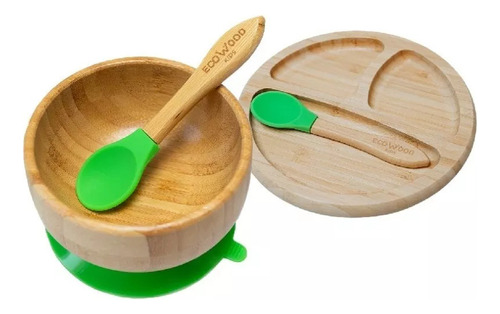 Plato Para Bébé Y Bowl De Bambú Antiderrapante + Cubiertos Color Verde Liso