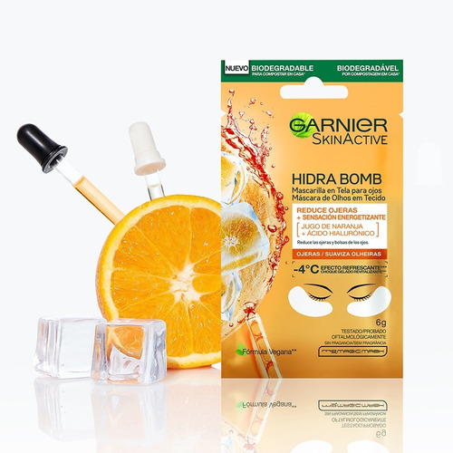 Imagen 3 de 7 de Mascarilla Tela Ojos Hidra Bomb Garnier, 1 Pza