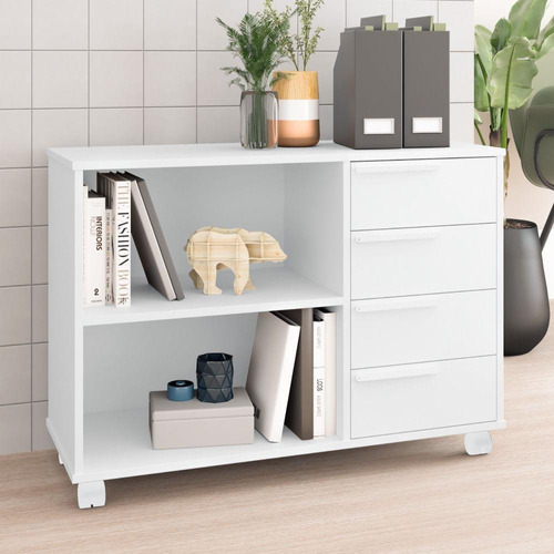 Balcão Gaveteiro 4 Gavetas 1 Prateleira 2 Nichos Organizador Home Office Quarto Escritório Branco Escritório Branco Código BHO40-06 - BRV Móveis