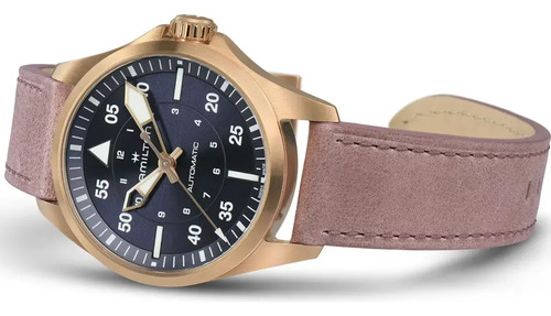 Reloj Hamilton Khaki Aviation Pilot Auto H76245840 Correa Rosa Bisel Oro Rosa Fondo Azul