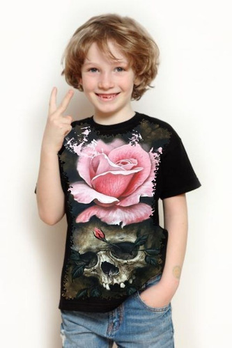 Camisa, Camiseta Criança 5%off Caveira Com Flor Rosa Premium