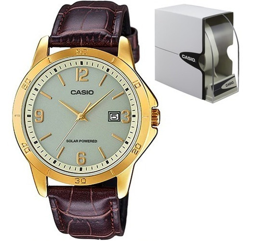 Reloj Casio Caballero Mtp Vs02 Cuero Marron Fechador Solar 