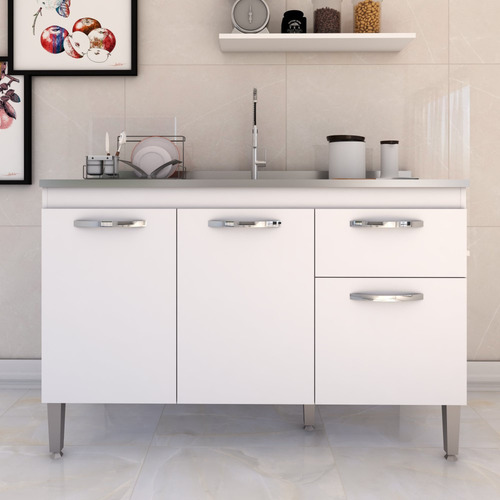 Balcão De Cozinha Para Pia Rayssa 3 Portas 1 Gaveta Branco