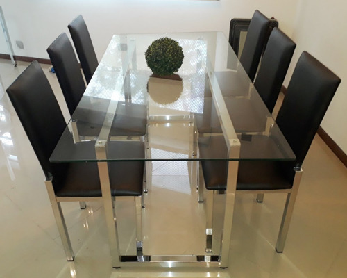 Juego Comedor Mesa 2x0.9 Más 6 Sillas Cromado Vidrio Moderno