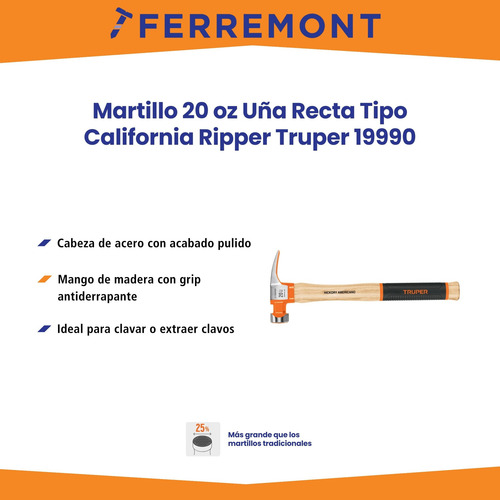 Martillo 20oz Uña Recta Tipo California Ripper, Truper 19990