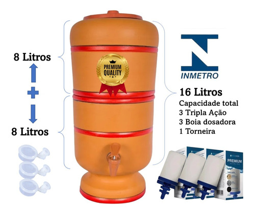 Filtro De Barro 8 Litros Com 3 Velas Tripla Ação E 3 Boias