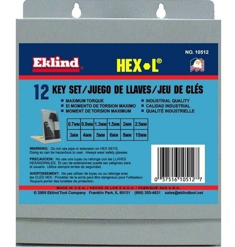 Llaves Allen Hexagonales Milimetricas 0.7 A 10mm Eklind