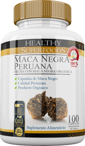 Healthy Superfoods Maca Negra (Lepidium meyenii) Pura Orgánica Premium 100 Capsulas 500mg Sabor Natural