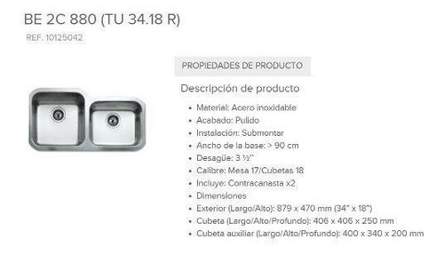 Fregadero Teka Submontar Be 2c 880 (tu 34.18 R) 10125042