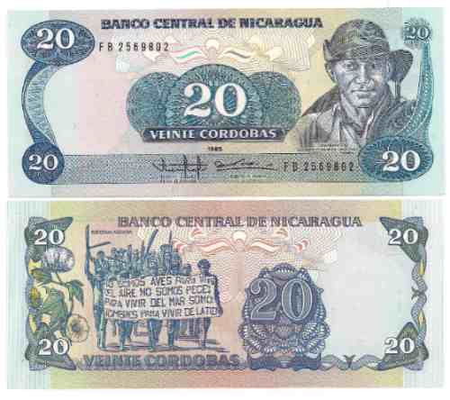 Billete Nicaragua De 20 Cordobas Del Año 1985 Sin Circular