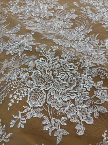 Renda Tule Bordada Floral Branca - Ideal Para Noivas Branco Floral