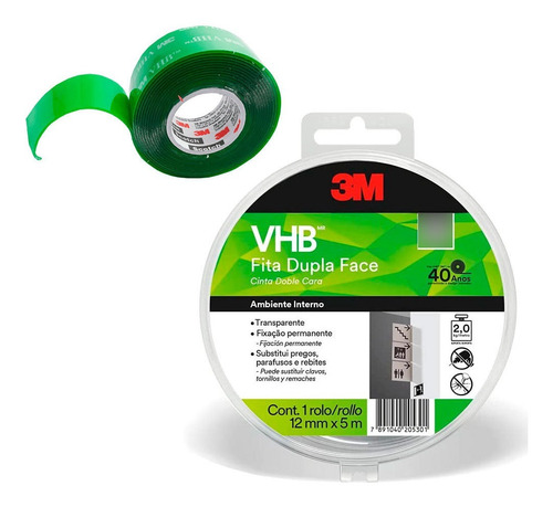 Fita Dupla Face 3m Extra Forte 2kg Uso Interno 5 Metros 12mm