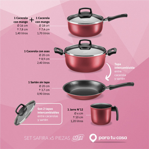 Batería Cocina Olla Cacerola Aluminio Teflón Safira 5p Mta