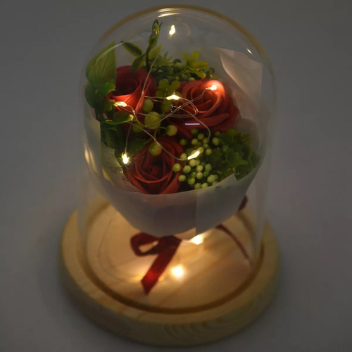 Rosa Eterna Artificial Luz Cálida Cúpula Vidrio Base Madera