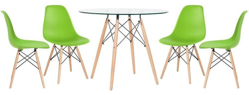 Kit Mesa De Vidro Eames Wood 90 Cm 4 Cadeiras Eames Dsw Cor Da Tampa Verde-claro