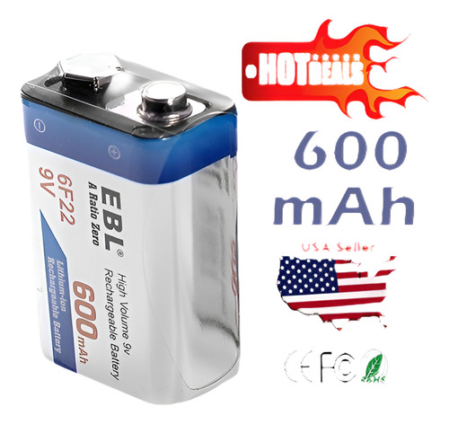 1 Pc Ebl 9v 6f22 Batería Del Li-ion 600mah Recargable Un Coc