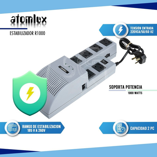Estabilizador de tensión Atomlux Linea R R1000@ 1000VA entrada y salida de 220V blanco
