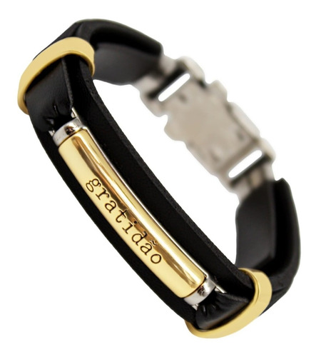 Pulseira Executiva Masculina Couro Gratidão Banhada Ouro 18k