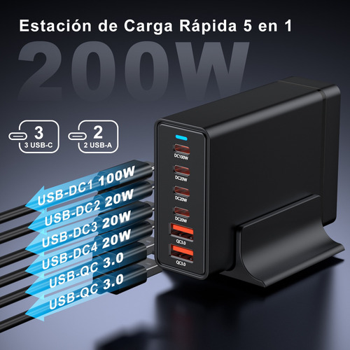 6 En 1 Cargador Rápido Tipo C 200w Gan 4 Tipo C Y 2 Usb A