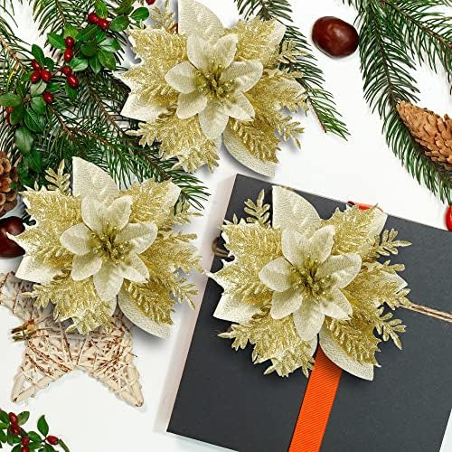 Sggvecsy 24 Piezas De Flores De Pascua Con Purpurina Navideñ