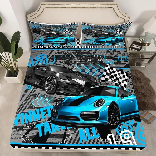 Juego De Ropa De Cama Para Auto De Carreras Individual Azul