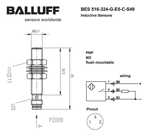 Sensor Indutivo Balluff Bes 516-324-g-e5-c-s49, M8x1 Sn=2mm